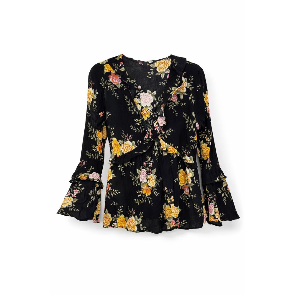 American Eagle Black Floral Long Sleeve Blouse Medium Whimsigoth Boho Top